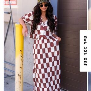 Dressed in Lala Ćest la Vie Plissé Skirt Set in mocha latte brown white